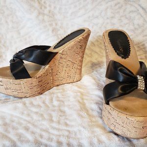 Black and cork wegde heel